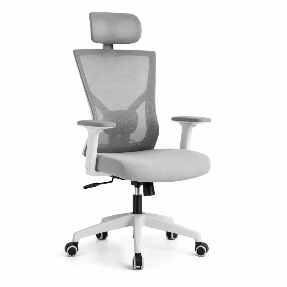 Silla de oficina ergonómica giratoria con reposacabezas respaldo de malla gris base blanca con ruedas