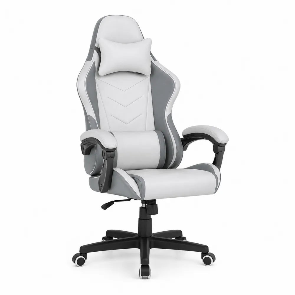 Silla gaming de oficina con reposabrazos 68 x 70 x 125-135 cm cuero sintético blanco y gris con base negra y ruedas