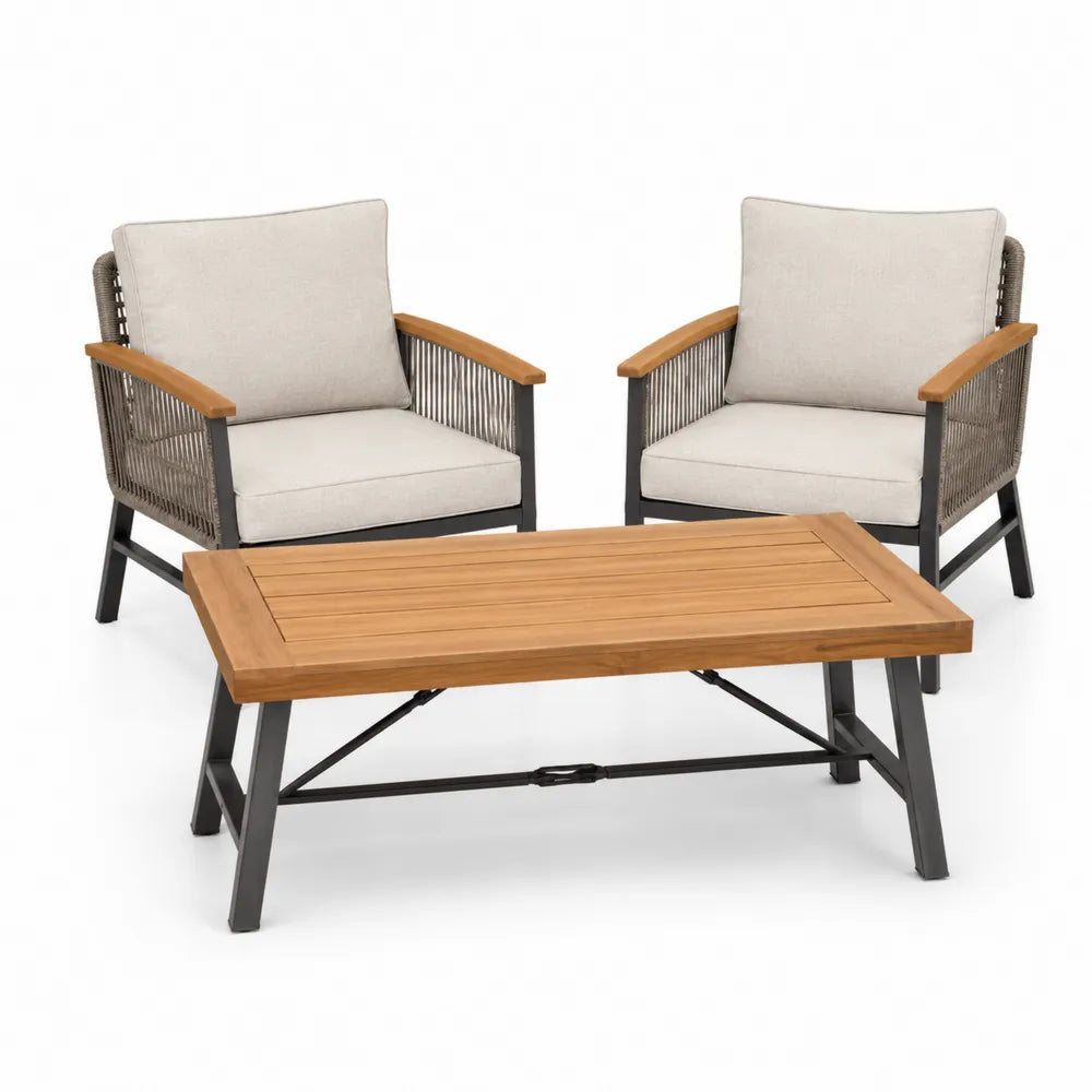 Conjunto de jardín de 3 piezas con mesa de madera de acacia y 2 sillones con cojines beige estructura de metal negro y cuerda 110 x 60 x 45 cm