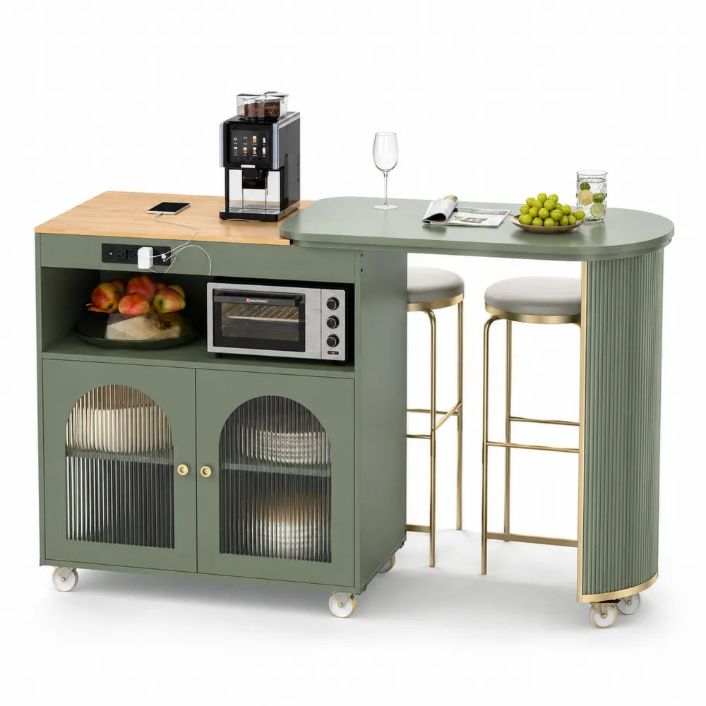 Carrito multifunción de cocina MDF verde salvia y madera natural con ruedas 180 x 60 x 92 cm con enchufe integrado y puertas de vidrio