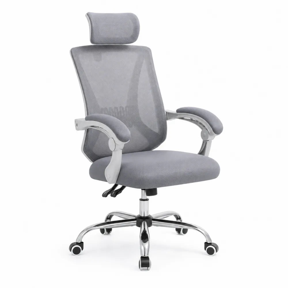 Silla de oficina giratoria ergonómica con reposacabezas respaldo de malla gris estructura de acero y base cromada 64 x 66 x 115-125 cm