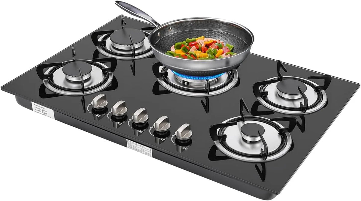 Gaskookplaat, 76 cm, 5 branders, gehard glas, veiligheid aardgas pro