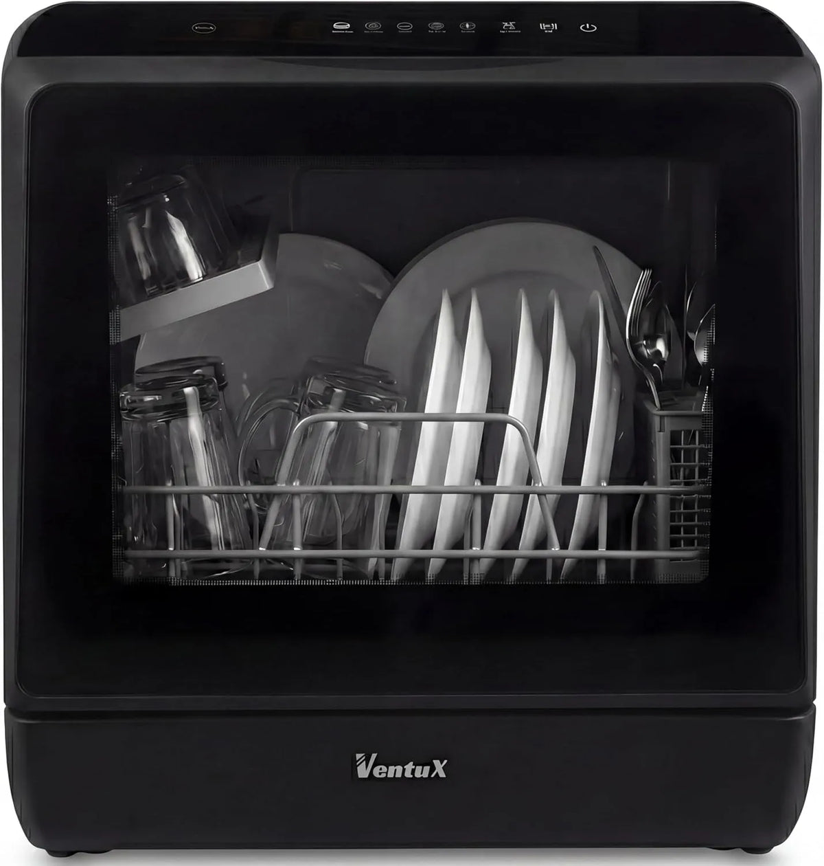 Vaatwasser, 45.8 cm, 42.5 x 42.8 x 45.8 cm, roestvrijstalen behuizing, draagbaar ontwerp, Black Portable Countertop Dishwasher with App Control