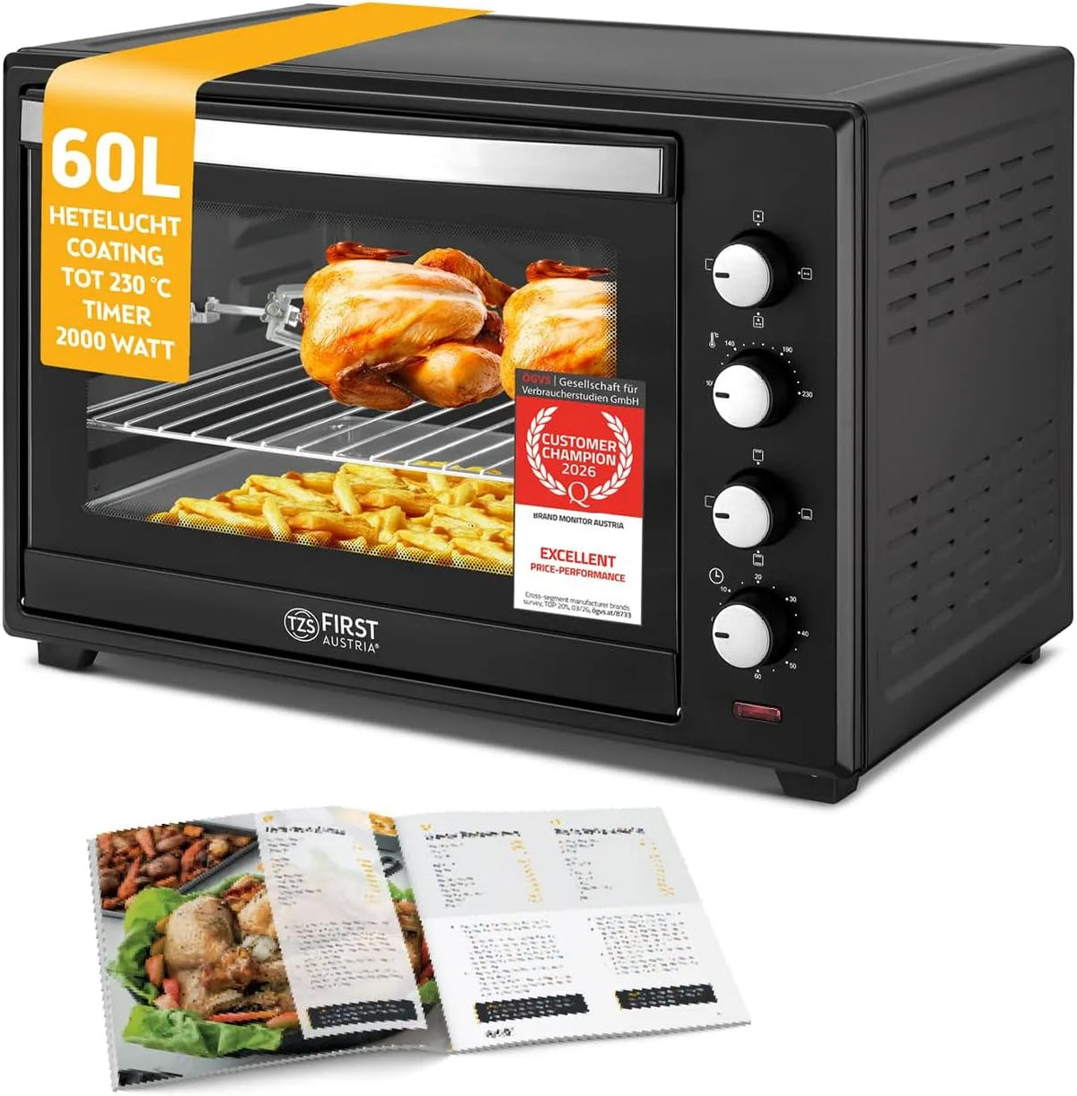 Elektrische oven, 2000W, 60 Min, timer, draaispitfunctie, TZS First Austria, Minibakoven 60L 2000W, Ruime Minioven met 60 Min. Timer