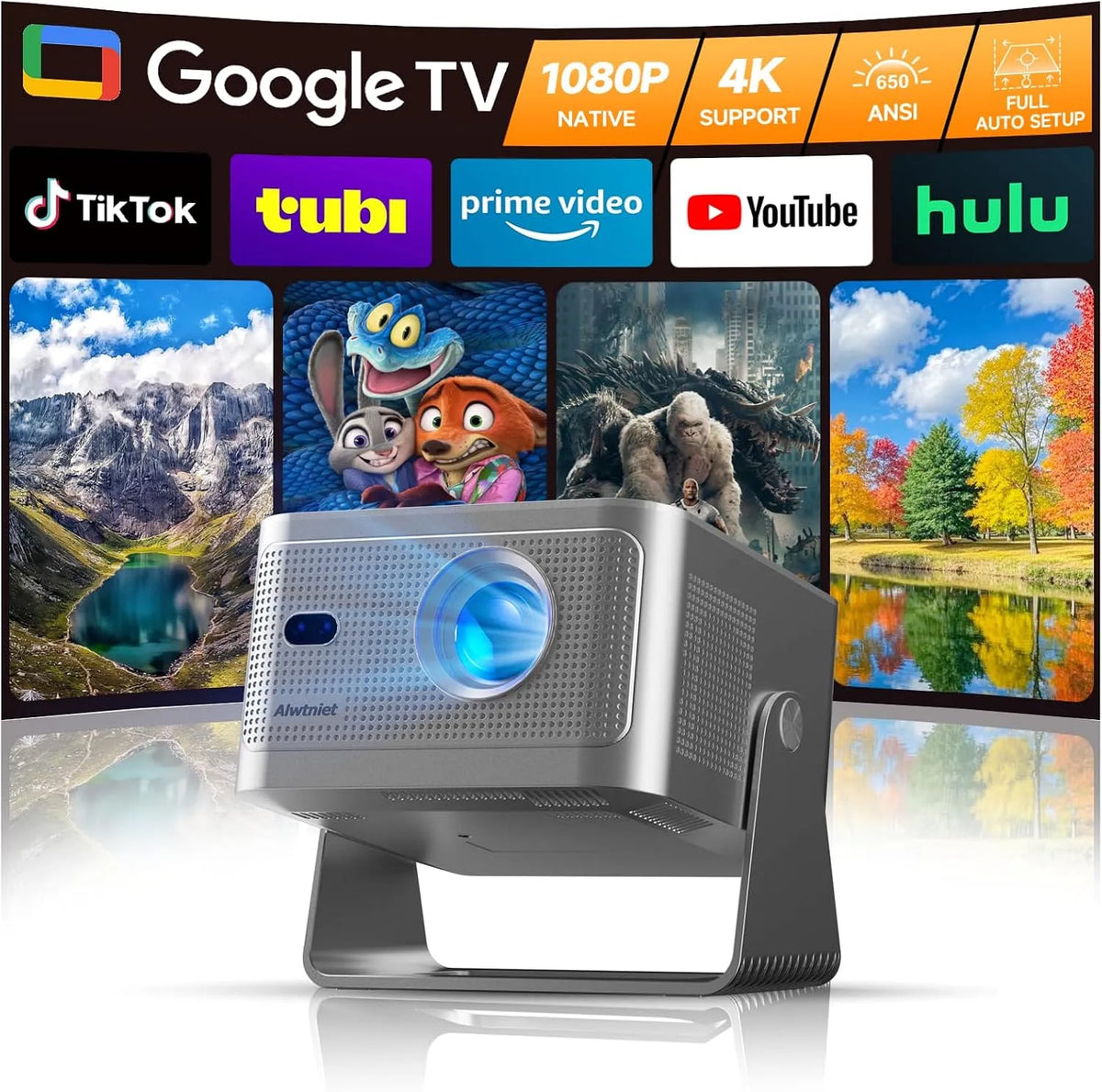 1080P projector, 650 ANSI, Mini-beamer, ondersteunt Google TV, native 650 ANSI
