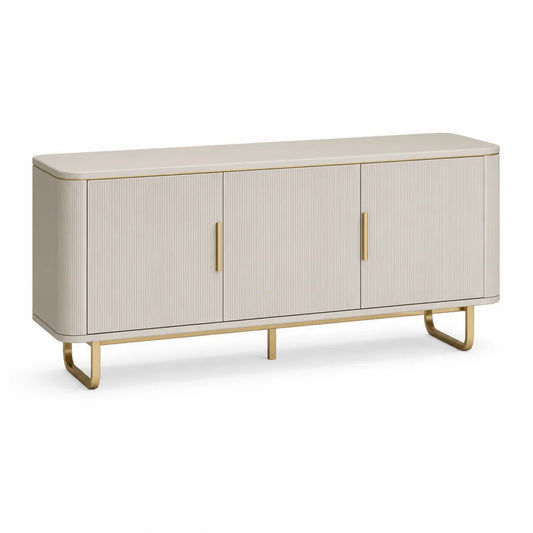 Aparador buffet de MDF con 3 puertas frentes acanalados patas de acero dorado forma rectangular color blanco crema 160 cm x 40 cm x 75 cm