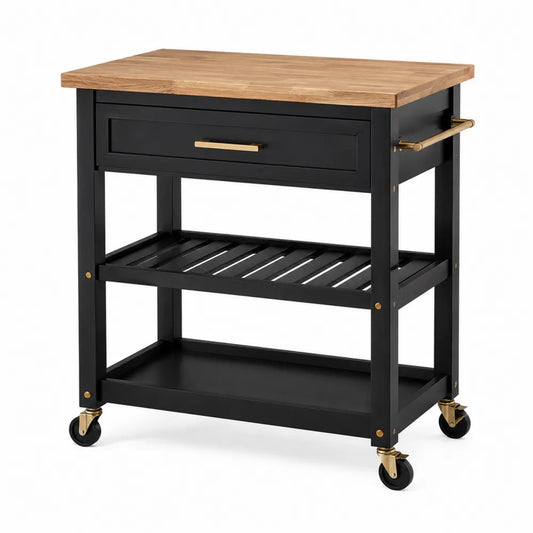 Carrito de cocina multifunción 80 x 45 x 90 cm en madera de caucho MDF negro con estructura de acero dorado y ruedas