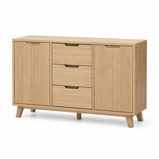 Aparador buffet de comedor de MDF chapado en roble claro con 2 puertas acanaladas y 3 cajones rectangular 140 cm x 40 cm x 80 cm