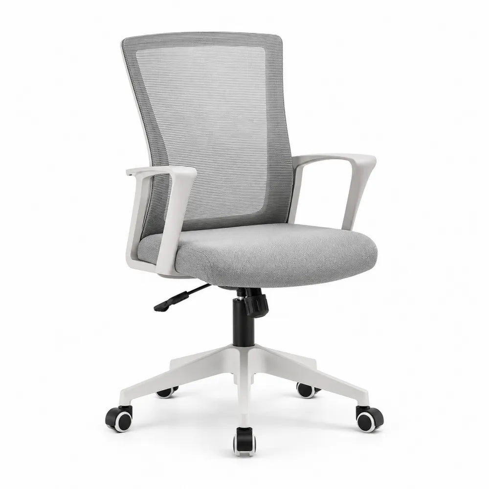 Silla de oficina giratoria con ruedas respaldo de malla gris base blanca reposabrazos fijos