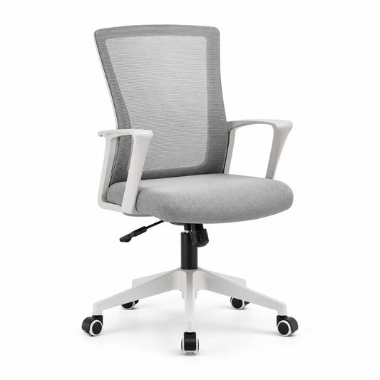 Silla de oficina giratoria con ruedas respaldo de malla gris base blanca reposabrazos fijos