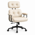 Silla de oficina giratoria con reposacabezas y reposabrazos tapizada en piel sintética PU beige base negra 65 x 68 x 112-122 cm