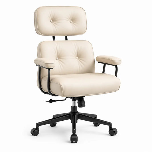 Silla de oficina giratoria con reposacabezas y reposabrazos tapizada en piel sintética PU beige base negra 65 x 68 x 112-122 cm
