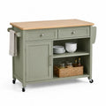 Carrito de cocina multifunción rectangular con ruedas encimera de madera color verde salvia 115 x 45 x 90 cm con almacenaje y estantes