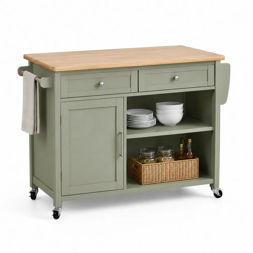 Carrito de cocina multifunción rectangular con ruedas encimera de madera color verde salvia 115 x 45 x 90 cm con almacenaje y estantes