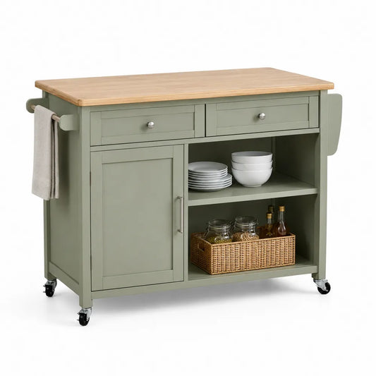 Carrito de cocina multifunción rectangular con ruedas encimera de madera color verde salvia 115 x 45 x 90 cm con almacenaje y estantes