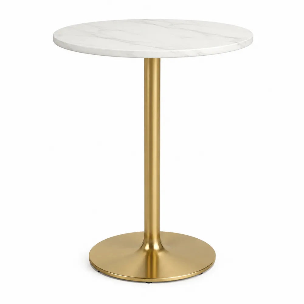 Mesa de bar redonda con tablero efecto mármol blanco base de acero dorado forma circular 70 cm x 70 cm x 105 cm