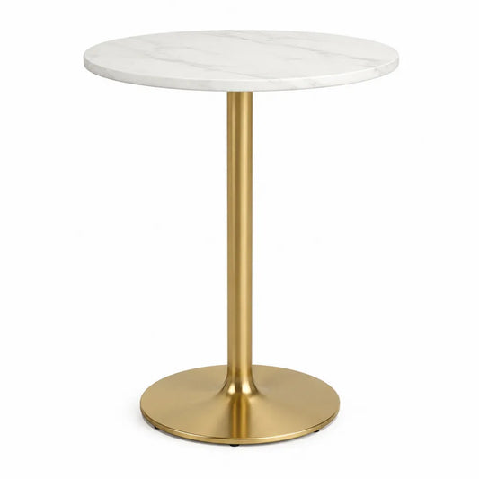 Mesa de bar redonda con tablero efecto mármol blanco base de acero dorado forma circular 70 cm x 70 cm x 105 cm