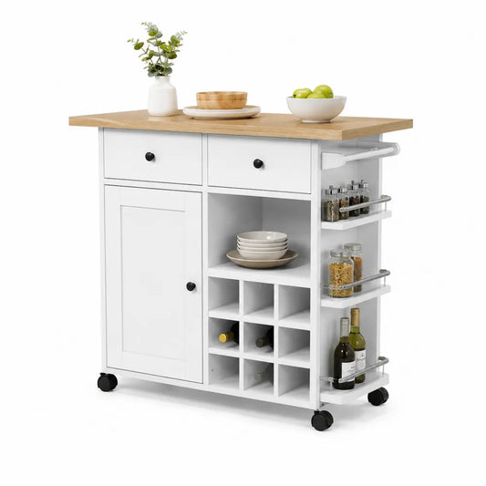 Carrito de cocina multifunción con ruedas 110 x 45 x 90 cm MDF blanco encimera de madera natural con botellero y cajones