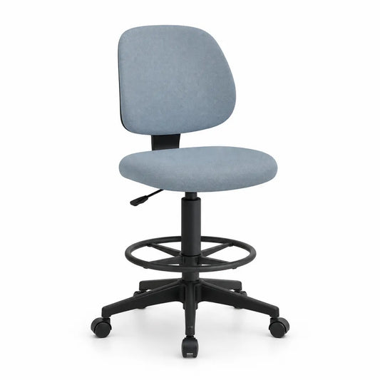 Silla de oficina giratoria regulable sin reposabrazos tapizada en poliéster azul claro con base negra y ruedas 48 x 50 x 92-104 cm