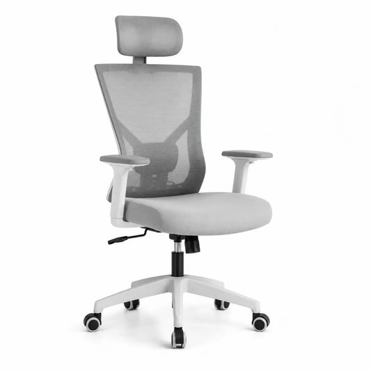 Silla de oficina ergonómica giratoria con reposacabezas respaldo de malla gris base blanca con ruedas