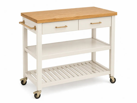 Carrito de cocina multifunción con ruedas encimera de bambú MDF blanco roto 110 x 45 x 88 cm