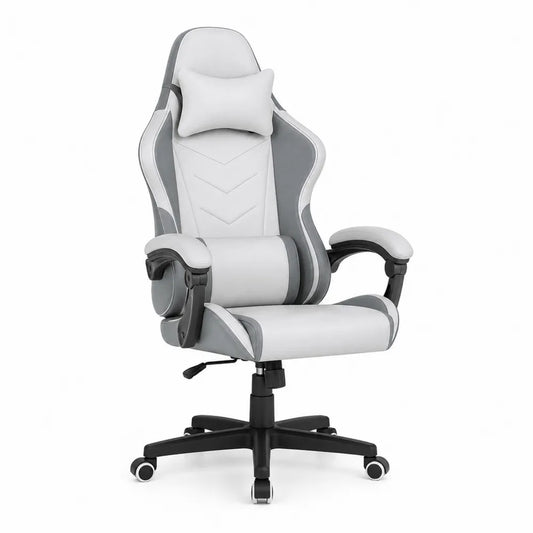 Silla gaming de oficina con reposabrazos 68 x 70 x 125-135 cm cuero sintético blanco y gris con base negra y ruedas