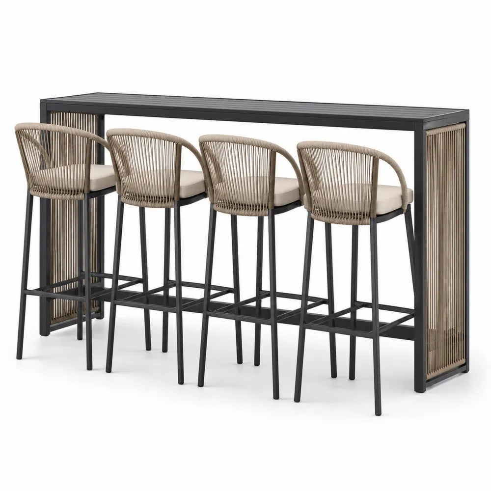 Conjunto de bar de exterior 5 piezas con mesa rectangular 200 x 60 x 105 cm y 4 taburetes 55 x 52 x 105 cm acero negro y cuerda beige