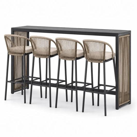 Conjunto de bar de exterior 5 piezas con mesa rectangular 200 x 60 x 105 cm y 4 taburetes 55 x 52 x 105 cm acero negro y cuerda beige