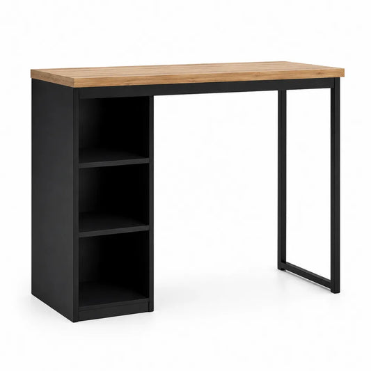 Mesa de bar alta con estantería lateral en madera y estructura de acero negro 120 x 50 x 105 cm