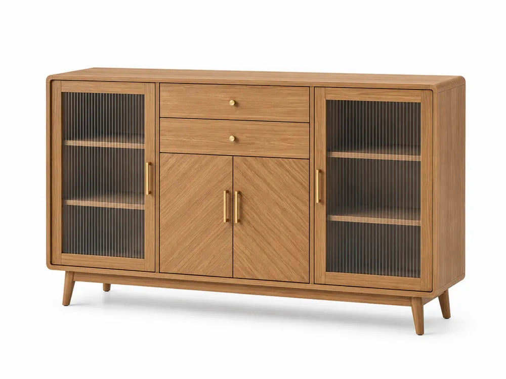 Aparador buffet de madera con puertas de vidrio estriado y cajones acabado madera natural y tiradores dorados sin dimensiones especificadas