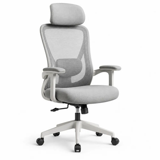 Silla de oficina giratoria ergonómica con reposacabezas y respaldo de malla poliéster gris estructura PP blanco 64 x 66 x 116-128 cm
