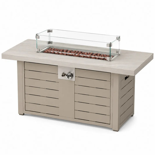 Mesa de exterior con brasero de gas rectangular 140 x 70 x 76 cm acero cerámica y vidrio templado gris topo