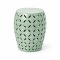 Mesa auxiliar de exterior tipo taburete en cerámica esmaltada verde con diseño calado 35 x 35 x 46 cm