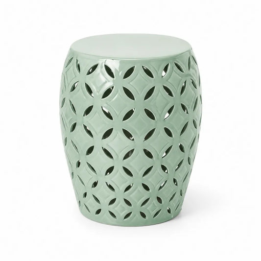 Mesa auxiliar de exterior tipo taburete en cerámica esmaltada verde con diseño calado 35 x 35 x 46 cm