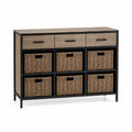 Aparador buffet de MDF y acero con 3 cajones y 6 cestas de ratán estructura rectangular color roble natural negro mate ratán natural 120 cm x 35 cm x 80 cm