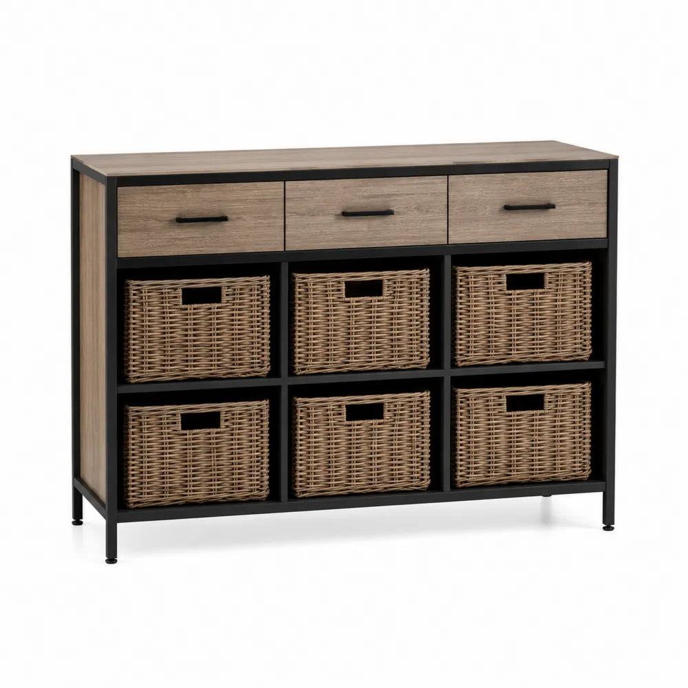 Aparador buffet de MDF y acero con 3 cajones y 6 cestas de ratán estructura rectangular color roble natural negro mate ratán natural 120 cm x 35 cm x 80 cm