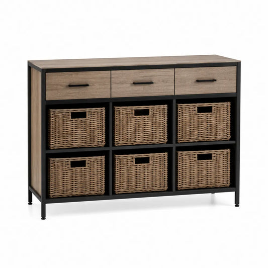 Aparador buffet de MDF y acero con 3 cajones y 6 cestas de ratán estructura rectangular color roble natural negro mate ratán natural 120 cm x 35 cm x 80 cm