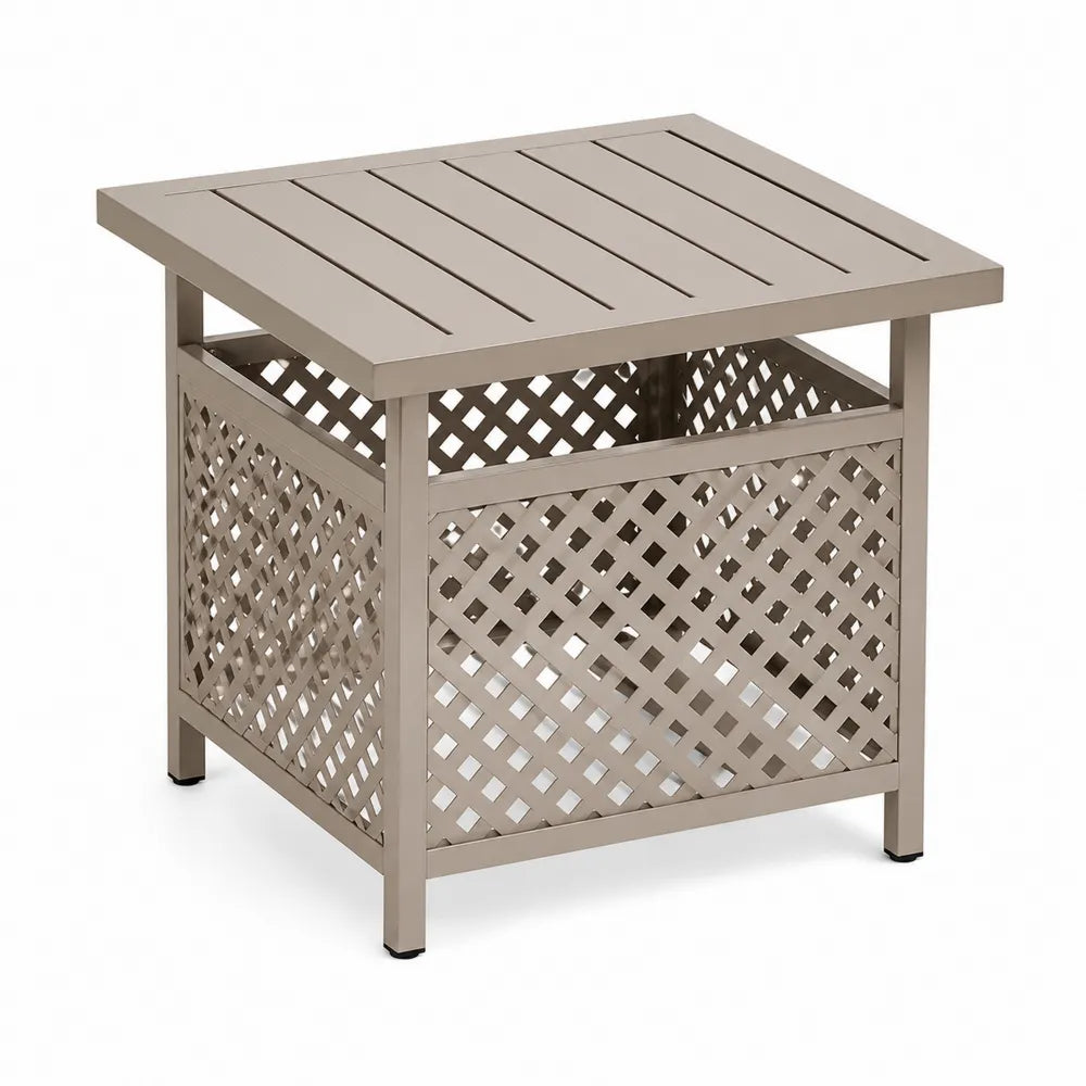 Mesa auxiliar de exterior cuadrada de acero con tablero de lamas y laterales de celosía beige topo 55 x 55 x 50 cm