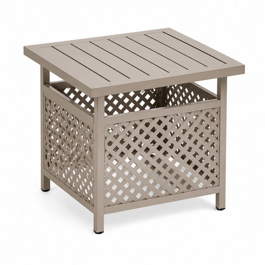 Mesa auxiliar de exterior cuadrada de acero con tablero de lamas y laterales de celosía beige topo 55 x 55 x 50 cm