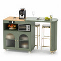 Carrito multifunción de cocina MDF verde salvia y madera natural con ruedas 180 x 60 x 92 cm con enchufe integrado y puertas de vidrio