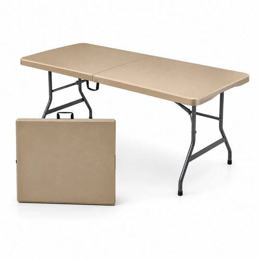 Mesa plegable de exterior rectangular con tablero HDPE beige y estructura de acero negro 180 x 75 x 74 cm