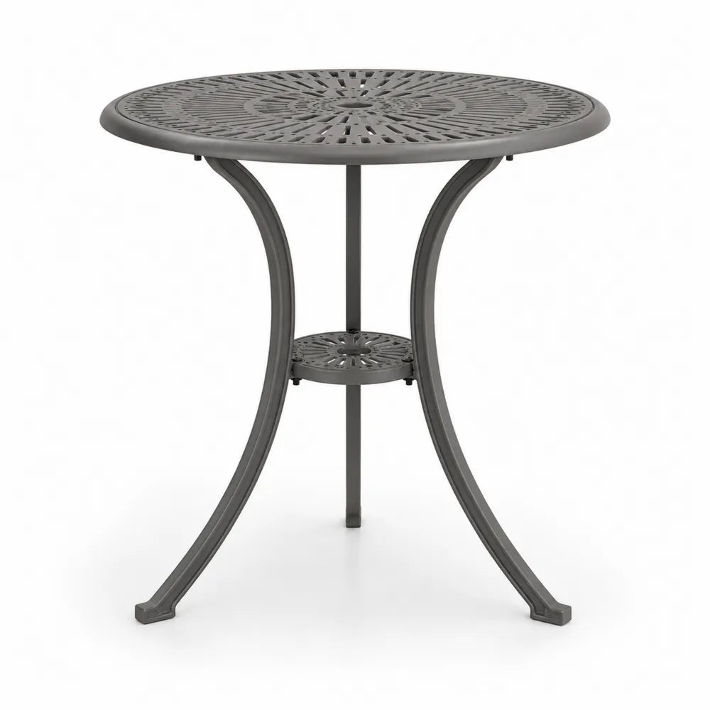 Mesa de exterior redonda de aluminio fundido gris oscuro con estante inferior y orificio para parasol 80 x 80 x 74 cm