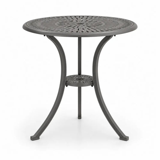 Mesa de exterior redonda de aluminio fundido gris oscuro con estante inferior y orificio para parasol 80 x 80 x 74 cm