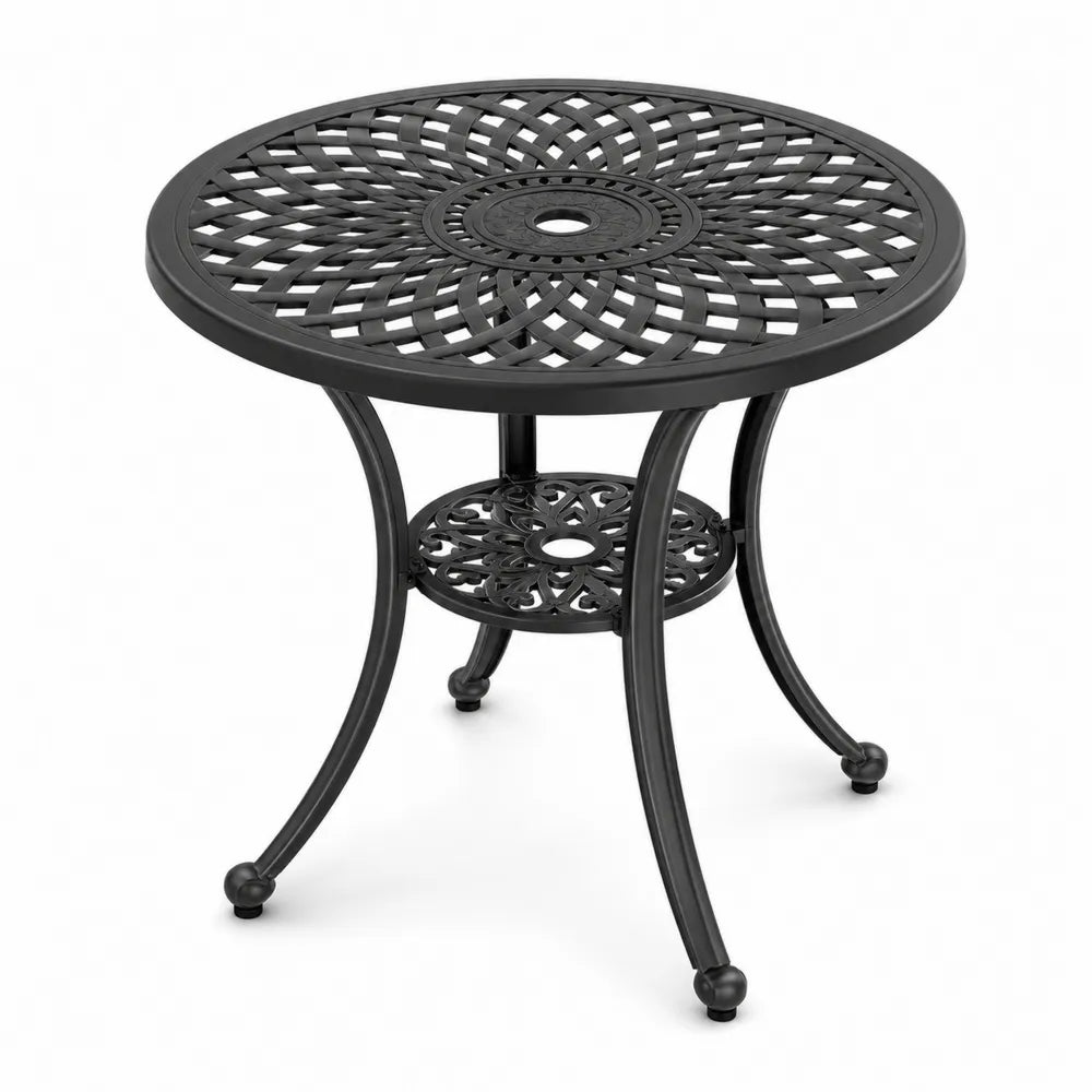 Mesa de exterior redonda de aluminio fundido negro con tablero calado y estante inferior 80 x 80 x 72 cm