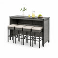 Conjunto de bar de exterior con mesa alta rectangular y 4 taburetes en ratán PE gris con estantes laterales 165 x 60 x 105 cm