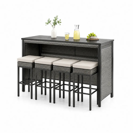 Conjunto de bar de exterior con mesa alta rectangular y 4 taburetes en ratán PE gris con estantes laterales 165 x 60 x 105 cm