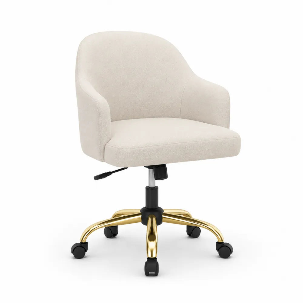 Silla de oficina giratoria tapizada beige con base metálica dorada y ruedas 58 x 60 x 82-92 cm