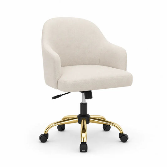 Silla de oficina giratoria tapizada beige con base metálica dorada y ruedas 58 x 60 x 82-92 cm