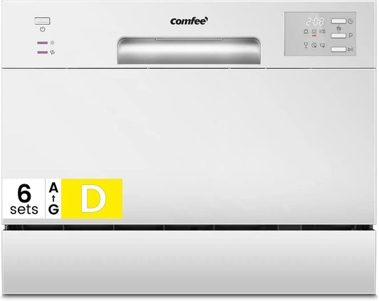 Comfee CDWMT0602EWD-EU vaatwasser, 47 dB, 6 programma's, digitaal display, Compacte tafel- met 6 couverts, 24-uurs uitgestelde startfunctie