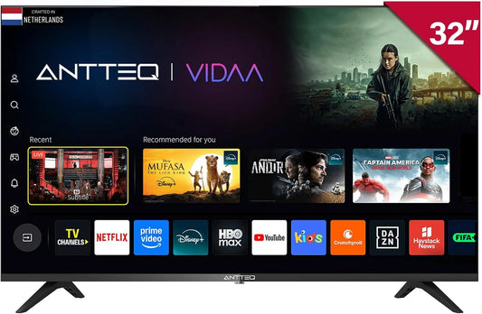 TV 32 Smart TV, 32 inch, 81 cm, Antteq Smart inch, Vidaa App Store, DAZN/Youtube/Netflix/Prime Video, Triple Tuner